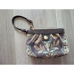 Spartina 449 Natural Linen & Leather Wristlet Clutch Purse With Floral Design
